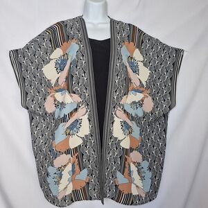 Max Studio Black Floral Kimono with Cream, Blue & Peach Accents